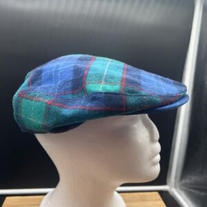 Vintage Pendleton Newsboy Cap Blue Green Plaid Flat Hat Cabbie USA Medium